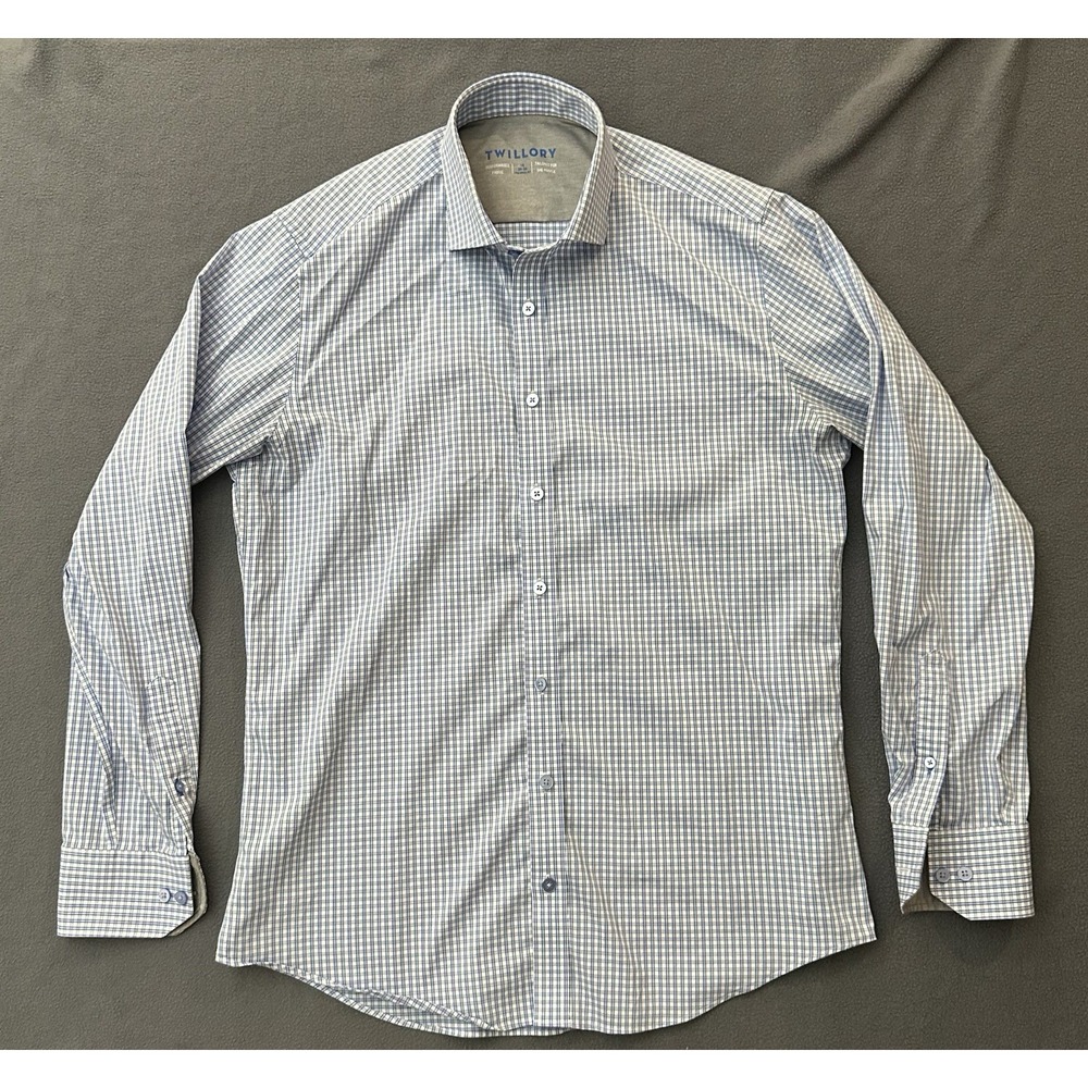 Twillory Mens Performance Dress Shirt 16 34/35 Tailored Fit Blue Check Stretch